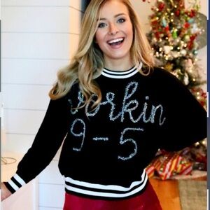 Queen of Sparkles “Workin’ 9 to 5” Black and White Tinsel Sweater- Size L